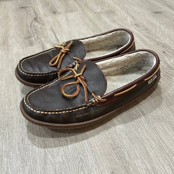 L.L. Bean Men’s Brown Leather Slip On Flannel Lined Handsewn Slippers Size 9 - Picture 1 of 6